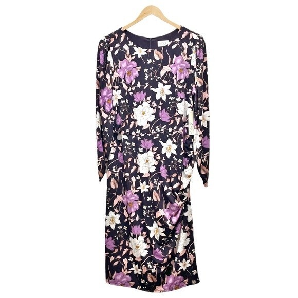 NWT Eliza J Floral Long Sleeve Shirred Midi Dress Aubergine Blooms Plus Size 20W - Picture 2 of 16